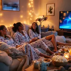 Trois amies en pyjama profitent d'une soirée film confortable, une excellente idée pour comment organiser une soirée pyjama. Popcorn, bougies et boissons sont prêts.