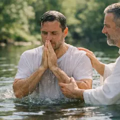 Un homme est baptisé dans une rivière, mains jointes en prière. Un autre homme, le prêtre, pose une main sur son épaule. Une scène évoquant les trois types de baptême.