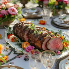 Un rôti de bœuf tranché, garni d'herbes, sur un plateau, entouré de fleurs colorées. Un exemple de menu de mariage original pour un repas en plein air.