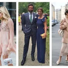 Idées pour comment s'habiller pour un bapteme en automne : robe rose légère, combinaison bleu marine élégante, ou robe à pois avec blazer.