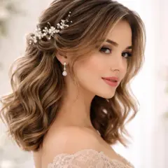 Coiffure mariage cheveux mi long avec un bijou de tête nacré et des boucles douces. Une mariée rayonnante.