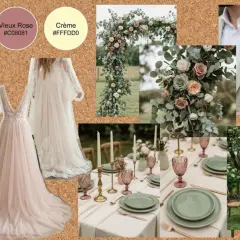 Inspiration mariage champêtre : robes fluides, bouquet de roses et eucalyptus, table dressée, costume clair.