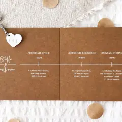 Un faire-part mariage champêtre à faire soi-même, avec les noms Estelle & Guillermo, détails des cérémonies et lieux.