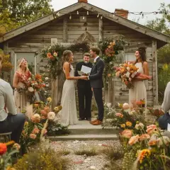 Cérémonie laïque en plein air. Le texte officiant cérémonie laïque humour est lu par l'officiant, sous le regard amusé des mariés et des invités.
