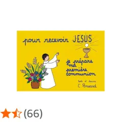 Illustration d'une enfant en robe blanche, mains levées, devant un bouquet de fleurs et une hostie. Texte "je prépare ma première communion".
