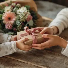 Un enfant offre un cadeau à sa marraine, un geste tendre comme une parole de chanson. Un bouquet de fleurs est posé à côté.