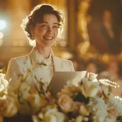 Une femme souriante, vêtue d'une tenue élégante, semble prononcer un discours de mariage. Des fleurs ornent le premier plan.