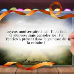 Un texte anniversaire sympa pour souhaiter une joyeuse retraite, avec un ruban orange sur un fond festif.