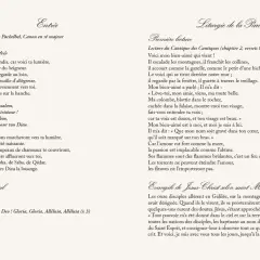 Page de livret de messe de mariage avec textes religieux et titres en calligraphie.