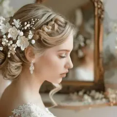 Une mariée aux cheveux blonds, coiffure crantée ornée de fleurs et de perles, porte des boucles d'oreilles scintillantes.