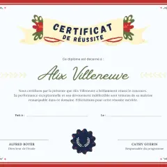 Certificat de réussite vierge pour Alix Villeneuve, soulignant sa performance remarquable. Un modèle de certificat de bapteme vierge pour célébrer les succès.