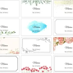 Douze modèles de marque-place gratuits avec le nom "Marion" et "Table (Optionnel)", ornés de fleurs, feuillages ou paillettes.