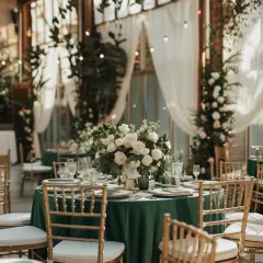 Tables dressées pour un mariage thème vert, avec nappes émeraude, bouquets de roses blanches et chaises dorées.
