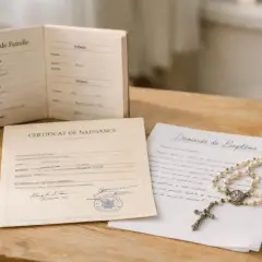 Livret de famille, certificat de naissance et demande de baptême, accompagnés d'un chapelet, sur une table en bois.