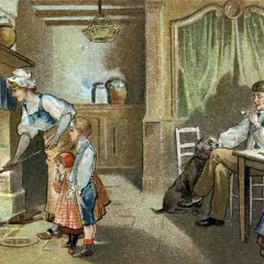 Une famille prépare des crêpes près du feu, une tradition qui rappelle qu'est-ce que la Chandeleur. Un chien attend patiemment.