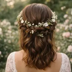 Coiffure mariage bohème avec tresse et fleurs blanches. Cheveux bruns ondulés ornés d'une couronne florale délicate.
