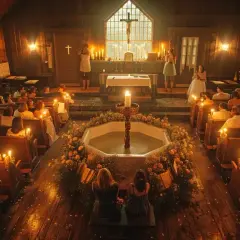 Intérieur d'une église en bois, ambiance chaleureuse avec des bougies. Une cérémonie de baptême se déroule, avec un chant de sortie.