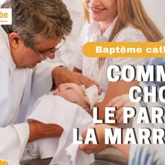 Cérémonie de baptême catholique. Le texte demande "Comment choisir le parrain la marraine", suggérant une réflexion sur combien de parrain et marraine sont appropriés.