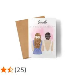 Carte avec deux femmes, l'une en robe blanche, l'autre en robe bleue. Texte : "Veux-tu être ma demoiselle d'honneur ?".
