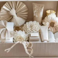 Un élégant kit de secours mariage, rempli de produits de beauté et de décorations florales, prêt à parfaire la journée.