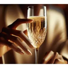 Main d'une femme tenant une coupe de champagne pétillant, évoquant un champagne personnalisé mariage pour une célébration spéciale.
