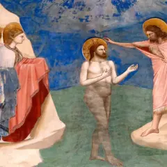 Scène du baptême de Jésus par Jean-Baptiste. La question du baptême de Jésus à quel âge est ici représentée par des anges attendant.