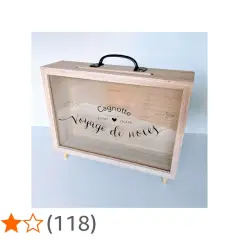Boîte en bois pour cagnotte mariage sans frais, décorée "Voyage de noces".