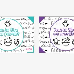 Demande marraine à imprimer gratuit : deux cartes avec des dessins enfantins, l'une pour demander "Veux-tu être mon parrain?", l'autre "Veux-tu être ma marraine?".