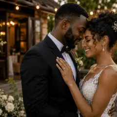 Un couple s'embrasse tendrement, un poème mariage gravé dans leurs regards. Lumières douces, fleurs blanches, un moment suspendu.