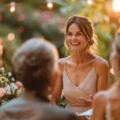 Une marraine émue prononce un discours pour le mariage de sa filleule, entourée de lumières chaudes et de fleurs.