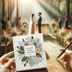 Un guide pour écrire un discours officiant mariage, avec un couple se tenant la main devant un autel en forêt.
