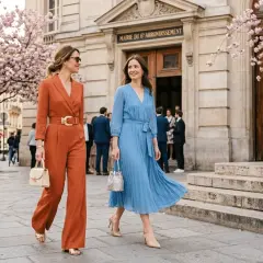 Deux femmes élégantes sortent de la mairie, prêtes pour un baptême civil. L'une porte une combinaison orange, l'autre une robe bleue.