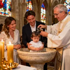 Cérémonie de baptême dans une église. Un bébé est aspergé d'eau. Comment retrouver sa date de baptême ? Les parents souriants assistent.