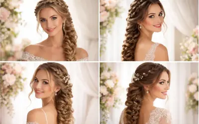Jolie mariée avec une demi tresse élaborée, ornée de perles et de fleurs, prête pour son grand jour.