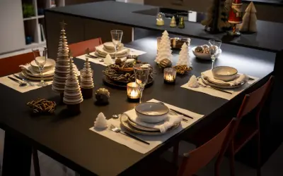 Table dressée pour le réveillon du nouvel an, avec des sapins décoratifs, des bougies et des verres.