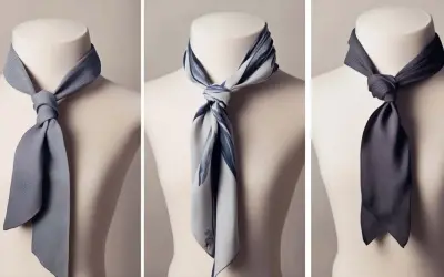 Trois mannequins présentent des foulards noués de différentes manières. Le noeud de cravate est élégamment réalisé sur chacun d'eux.