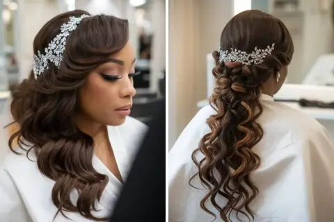 Coiffure mariage cheveux long noir, ondulés et ornés d'un diadème scintillant. Une tresse lâche descend dans le dos, mettant en valeur la longueur et la couleur des cheveux.