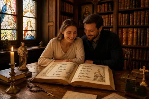 Couple souriant feuilletant un livre ancien de prénoms de baptême, entourés de livres et de vitraux.