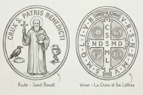 Dessin d'une médaille de Saint Benoît, recto avec le saint et verso avec la croix. Idéal pour faire bénir un bijou protecteur.