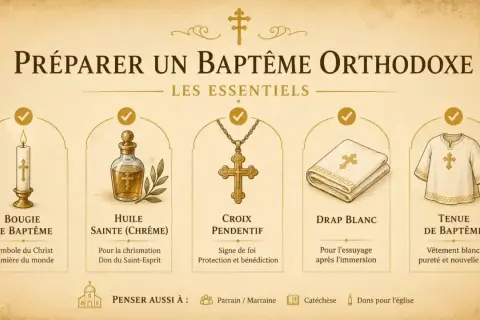 Préparer un baptême orthodoxe : bougie, huile sainte, croix, drap blanc et tenue de baptême.