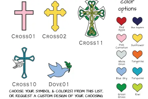 Symboles de baptême : croix, colombe, et options de couleurs pour un cadeau de parrain marraine.