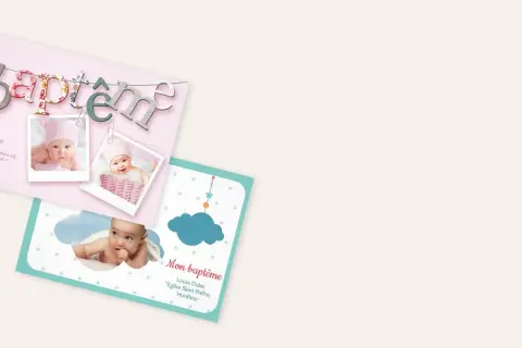 Jolie carte remerciement bapteme gratuite à imprimer avec des photos de bébé et des motifs célestes.