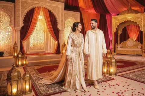 Un couple rayonnant lors d'un mariage arabe, entouré de décorations somptueuses et de lanternes dorées.