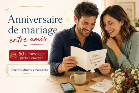 Un couple souriant lit une carte d'anniversaire de mariage. Le texte "Anniversaire de mariage entre amis" et "50+ messages prêts à envoyer" est visible.