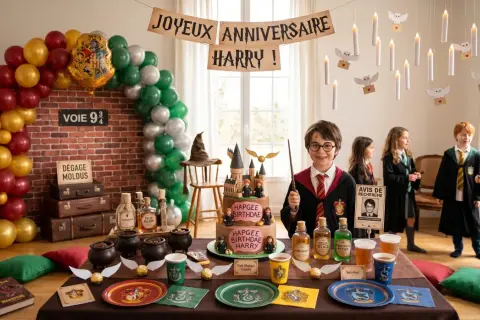 Une fête d'anniversaire Harry Potter avec une arche de ballons, un gâteau et des décorations magiques. Une idée déco avec ballon à gonfler pour un monde enchanté.