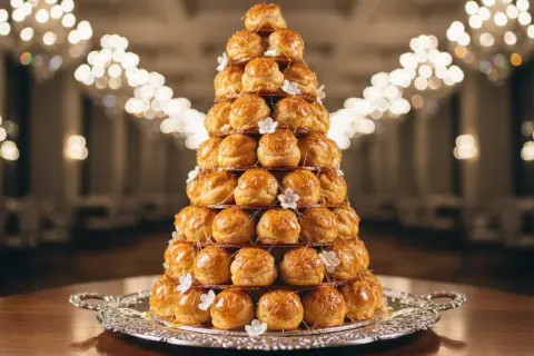 Un magnifique croquembouche, parfait pour un baptême, avec sa musique sucrée de caramel et ses petites fleurs.
