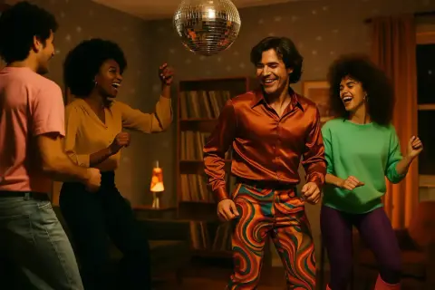 Quatre amis s'amusent lors d'une **soirée année 80**, dansant sous une boule disco. Ambiance festive garantie !