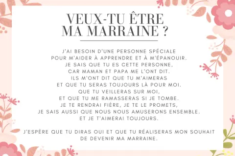 Une carte ornée de fleurs roses et de feuilles roses et beiges, avec le texte "Veux-tu être ma marraine ?" et une lettre exprimant le désir de devenir marraine.