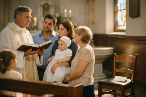 Cérémonie de baptême. Le prêtre lit, les parents tiennent leur bébé. La marraine absente est pensée.