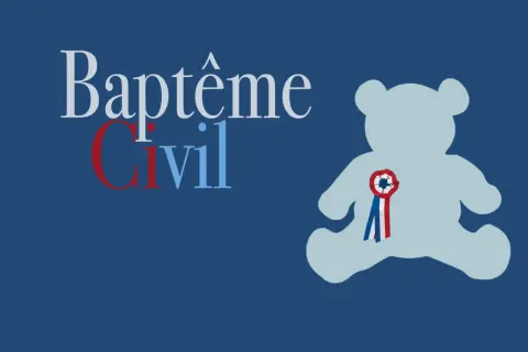 Texte pour un papier baptême civil : un ours en peluche bleu pâle orné d'une cocarde tricolore.